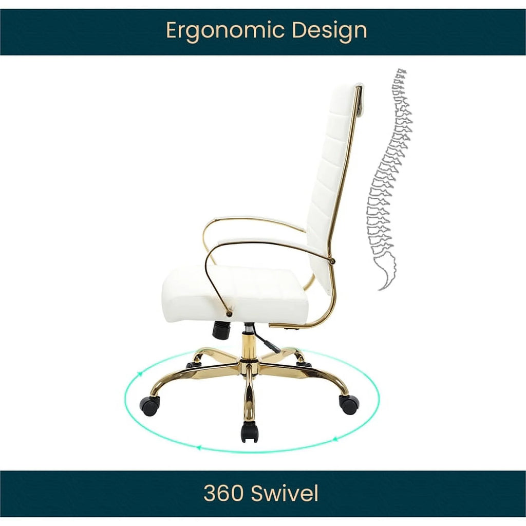Modern Faux Leather High-Back Office Chair in White/Gold H27718