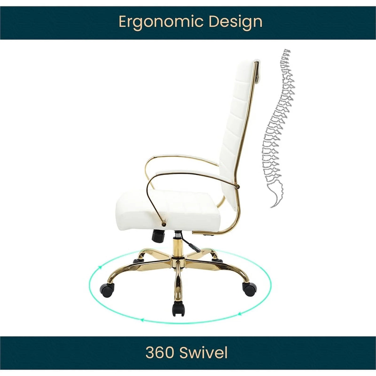 Modern Faux Leather High-Back Office Chair in White/Gold H27718