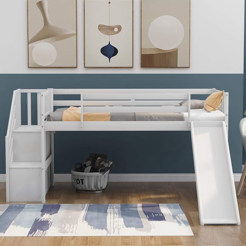 Twin Loft Beds with Slide and Staircase F6057
