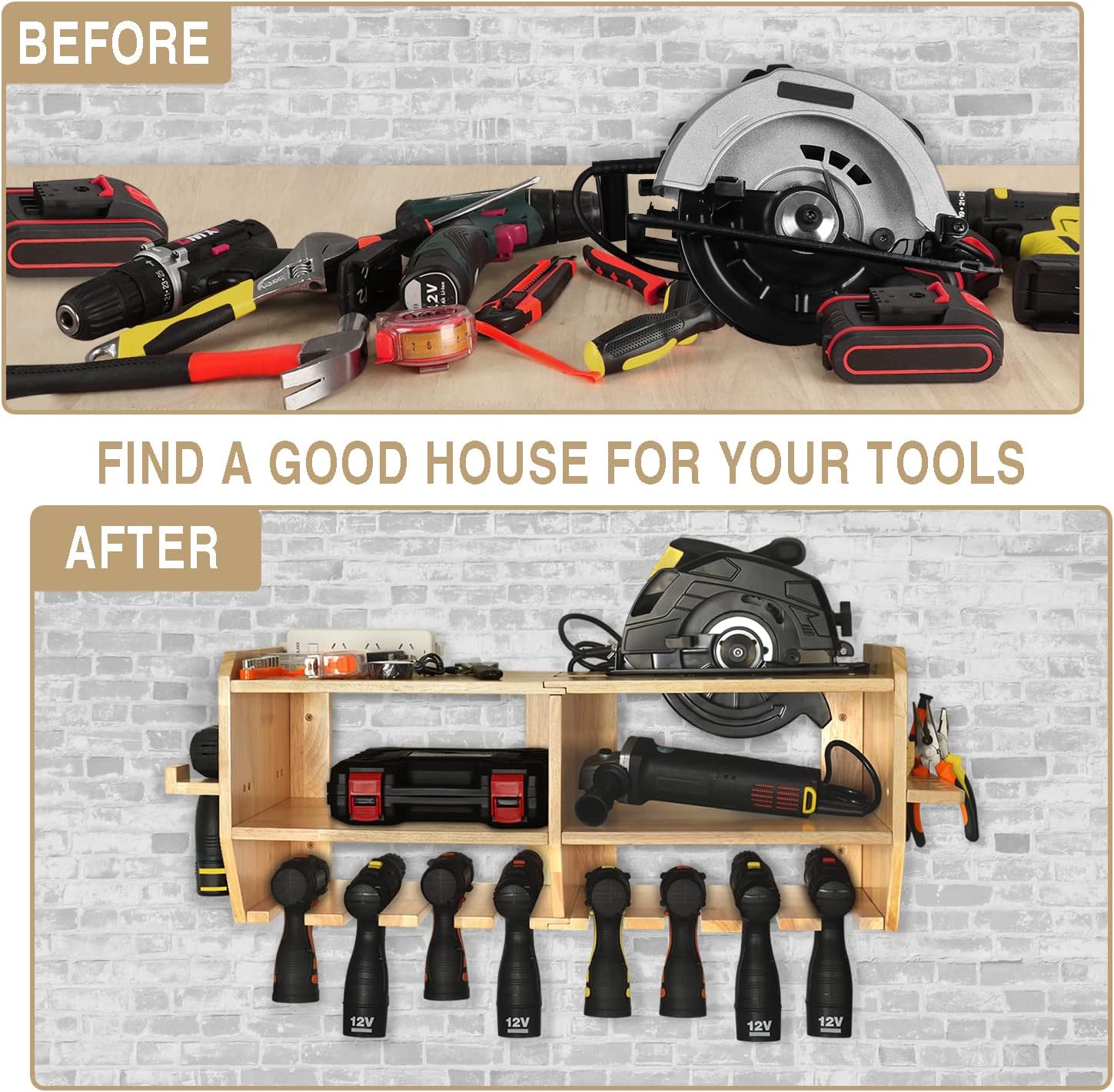 Large Power Tool Organizer with 6 Drill Slots, Wall Mount Garage Tool Organizer H379