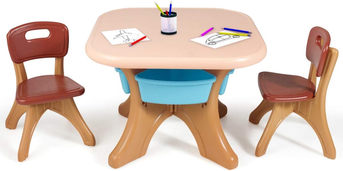 Pink 3 Piece Kids Table and Chair Set with Toy Storage Bins U20703