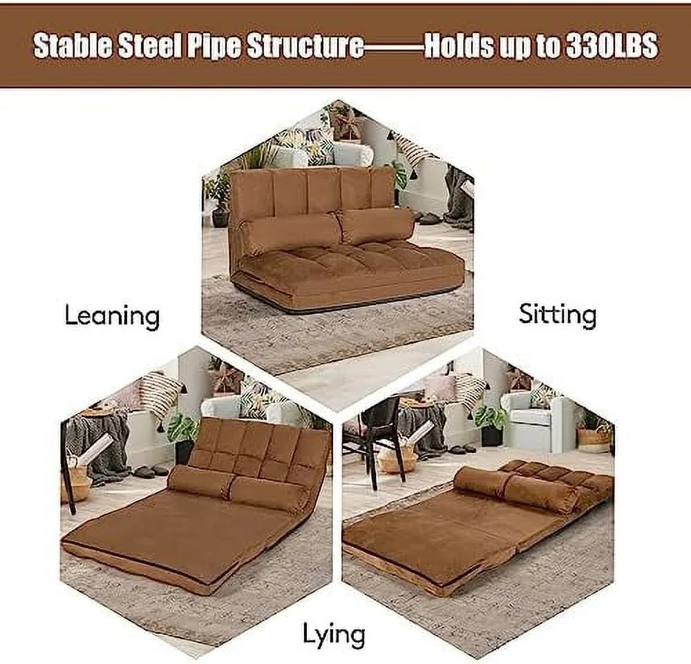 Gray 6-Position Fabric Folding Sofa Bed with 2 Pillows C273
