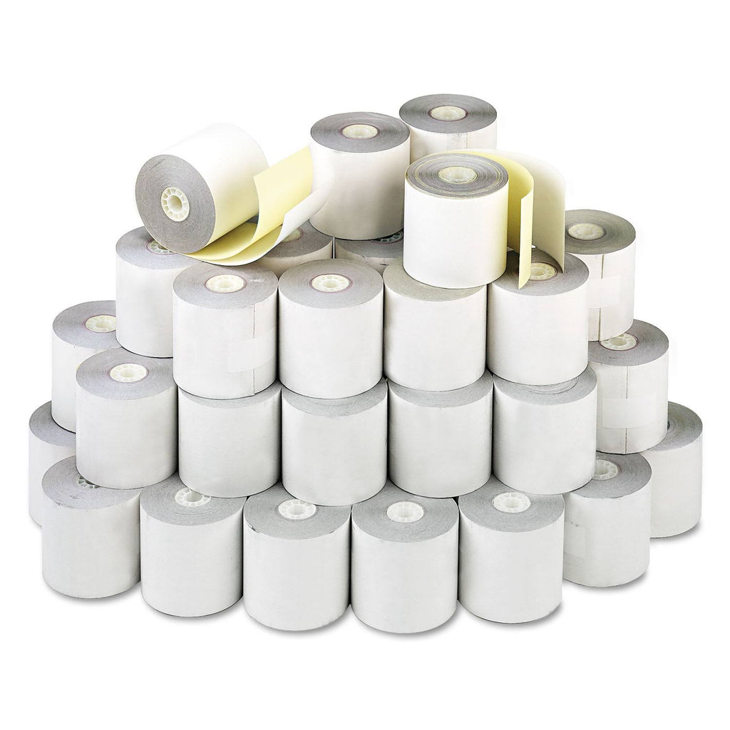 2.25x22 x 70 ft White Canary Carbonless Paper Rolls, 50/Carton R1984