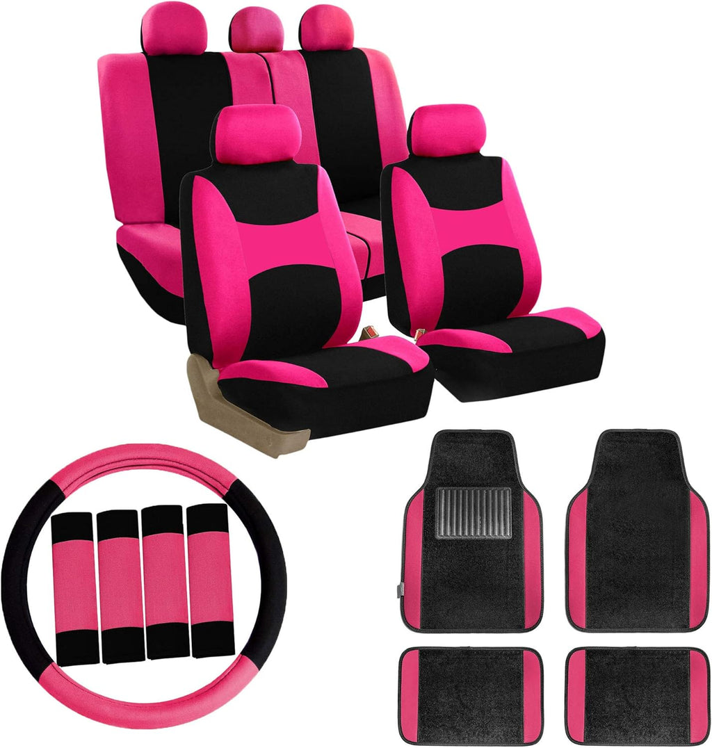 Pink Car Seat Covers Full Set with Floor Mats Steering Wheel Cover and Seat Belt Pads N1984