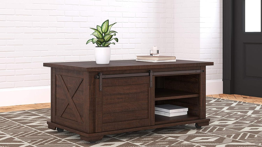 Farmhouse Rectangular Coffee Table with Sliding Barn Doors, Dark Brown R27294
