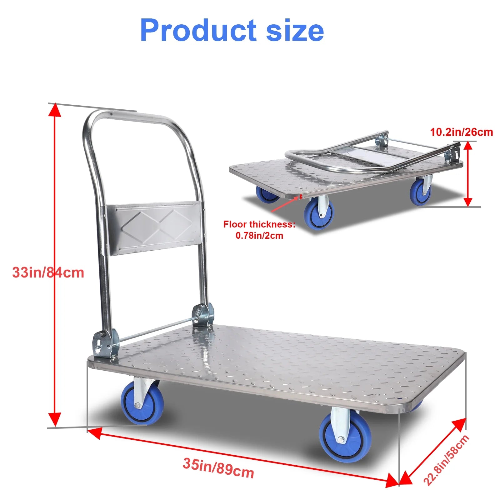 Steel Plate Platform Cart, 2200 lb Capacity, 360 Degree Swivel Wheels, Foldable, 35x22.8x33 Inches F39429