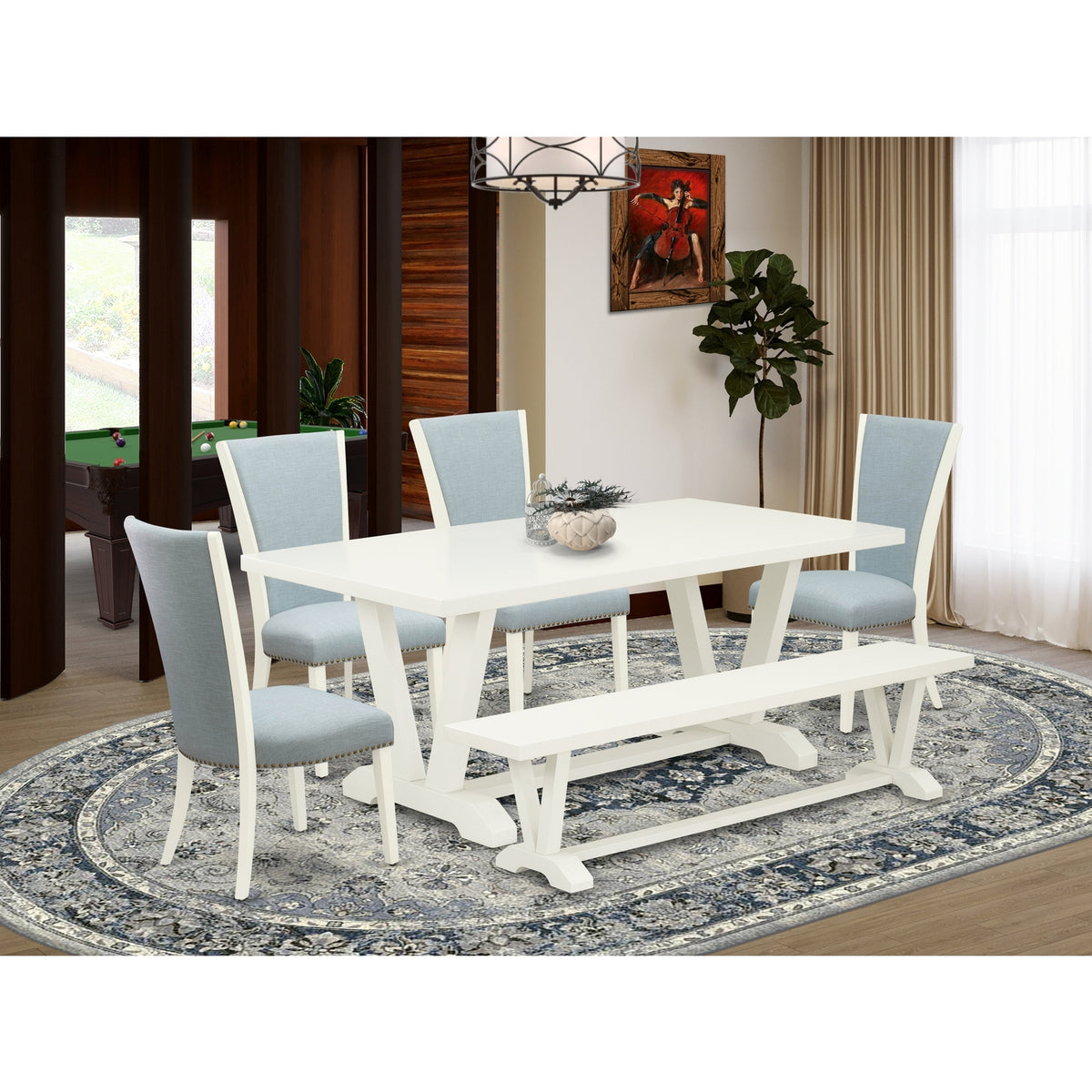 6-piece Wood Dining Set in White/Blue Z55842
