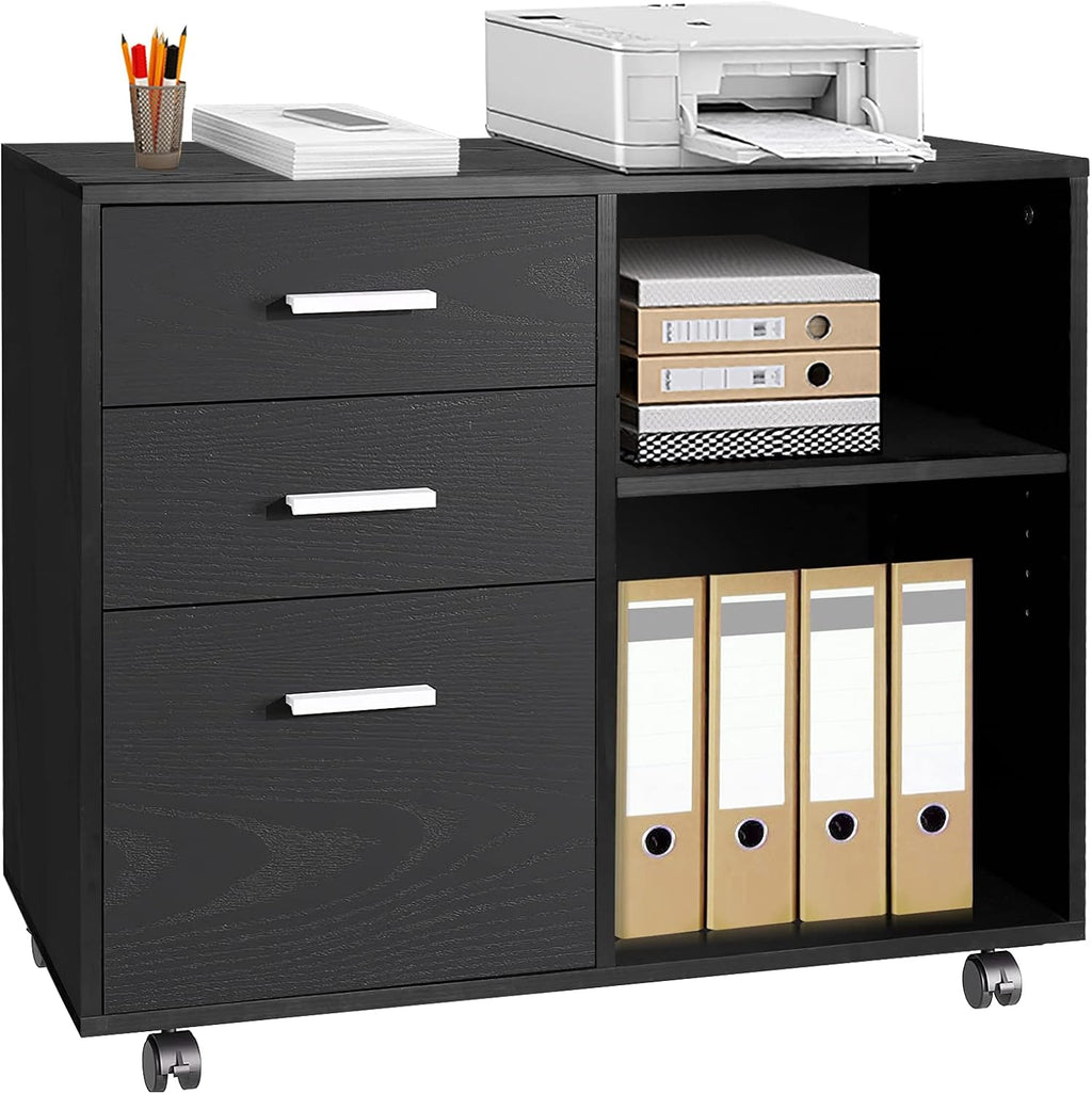 Black 3-Drawer Mobile Wood File Cabinet with Open Storage Shelves L548604