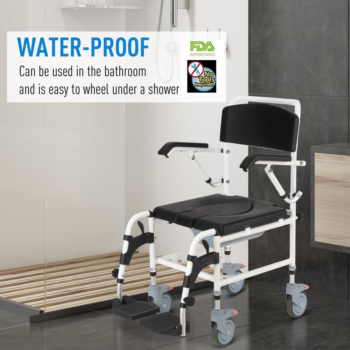 Black Commode Wheelchair with 4 Castor Wheels and Detachable Bucket D4305