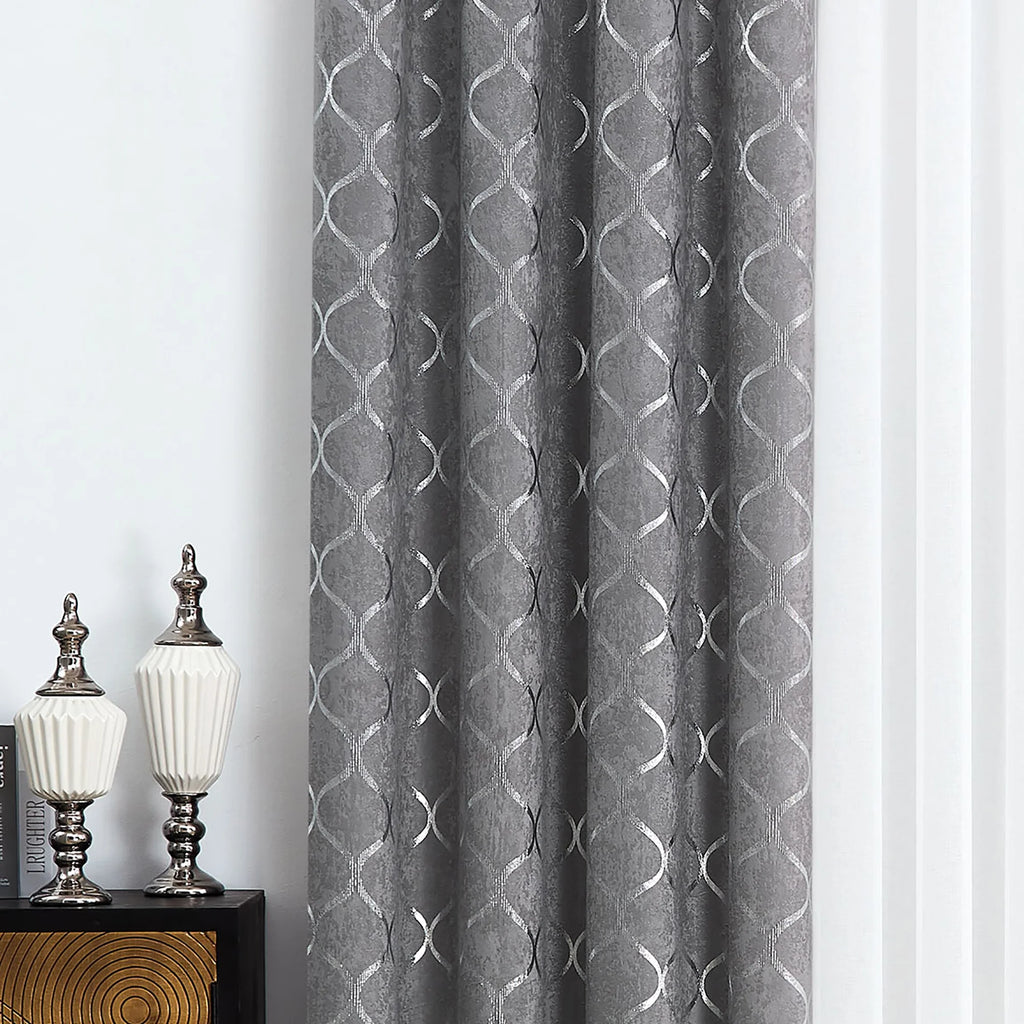 Grommet Blackout Curtain Silver Geometric Metallic, 52x63, Grey, 4 Panels D67598