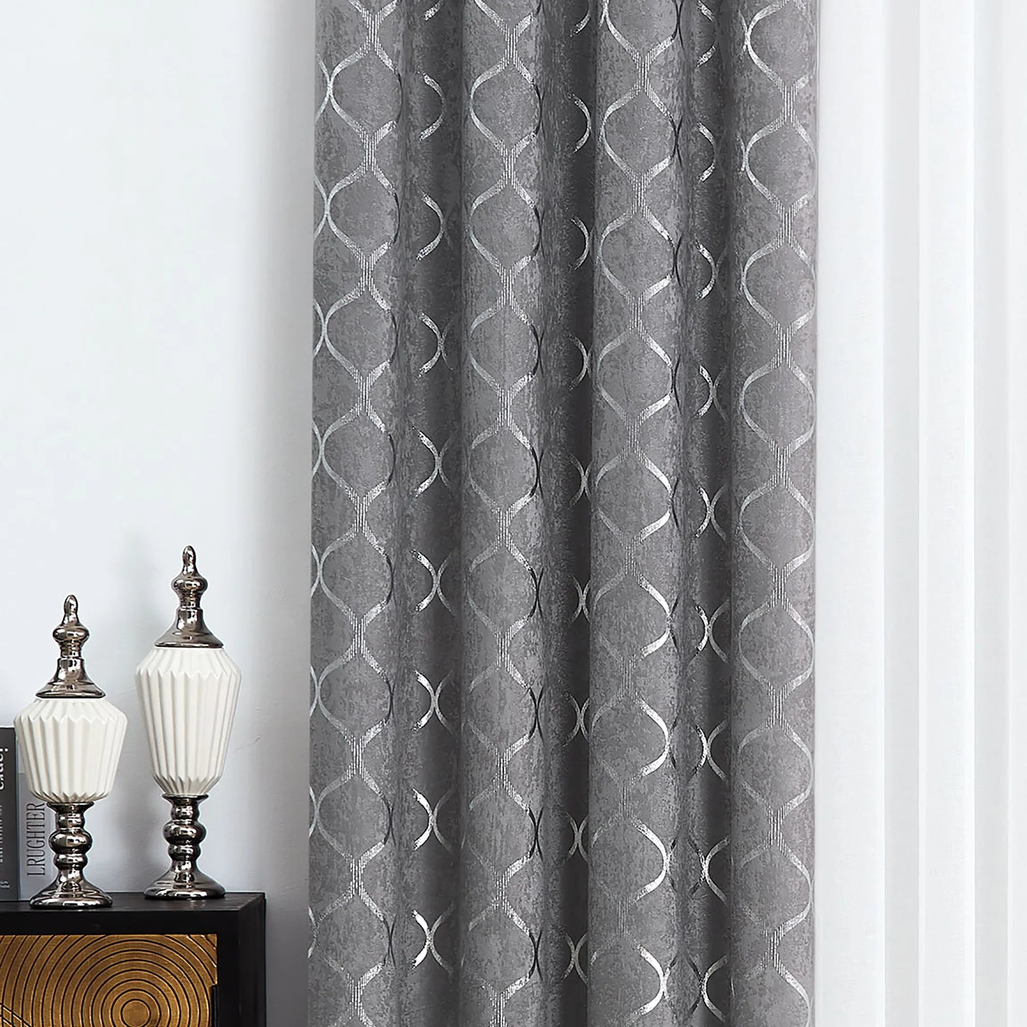 Grommet Blackout Curtain Silver Geometric Metallic, 52x63, Grey, 4 Panels D67598