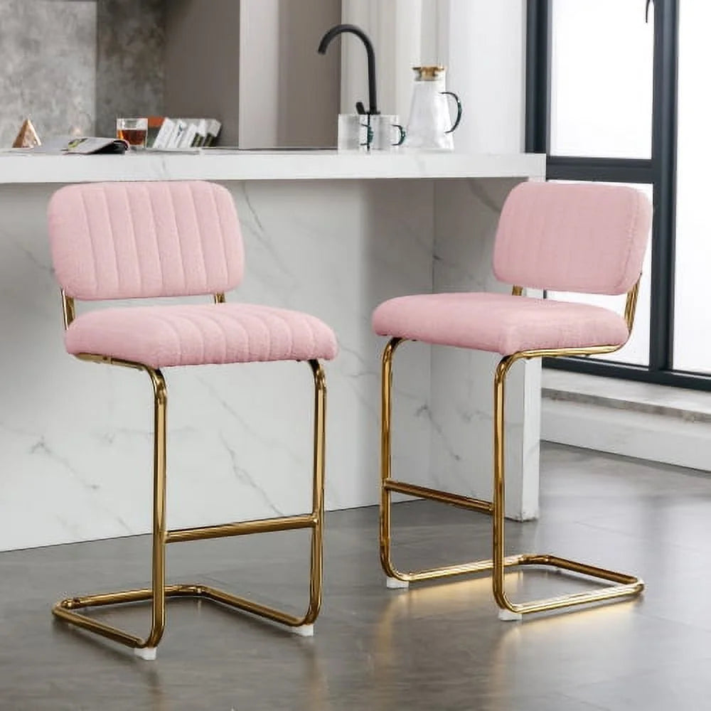 Pink Boucle Fabric Counter Height Bar Stools Set of 2 N396