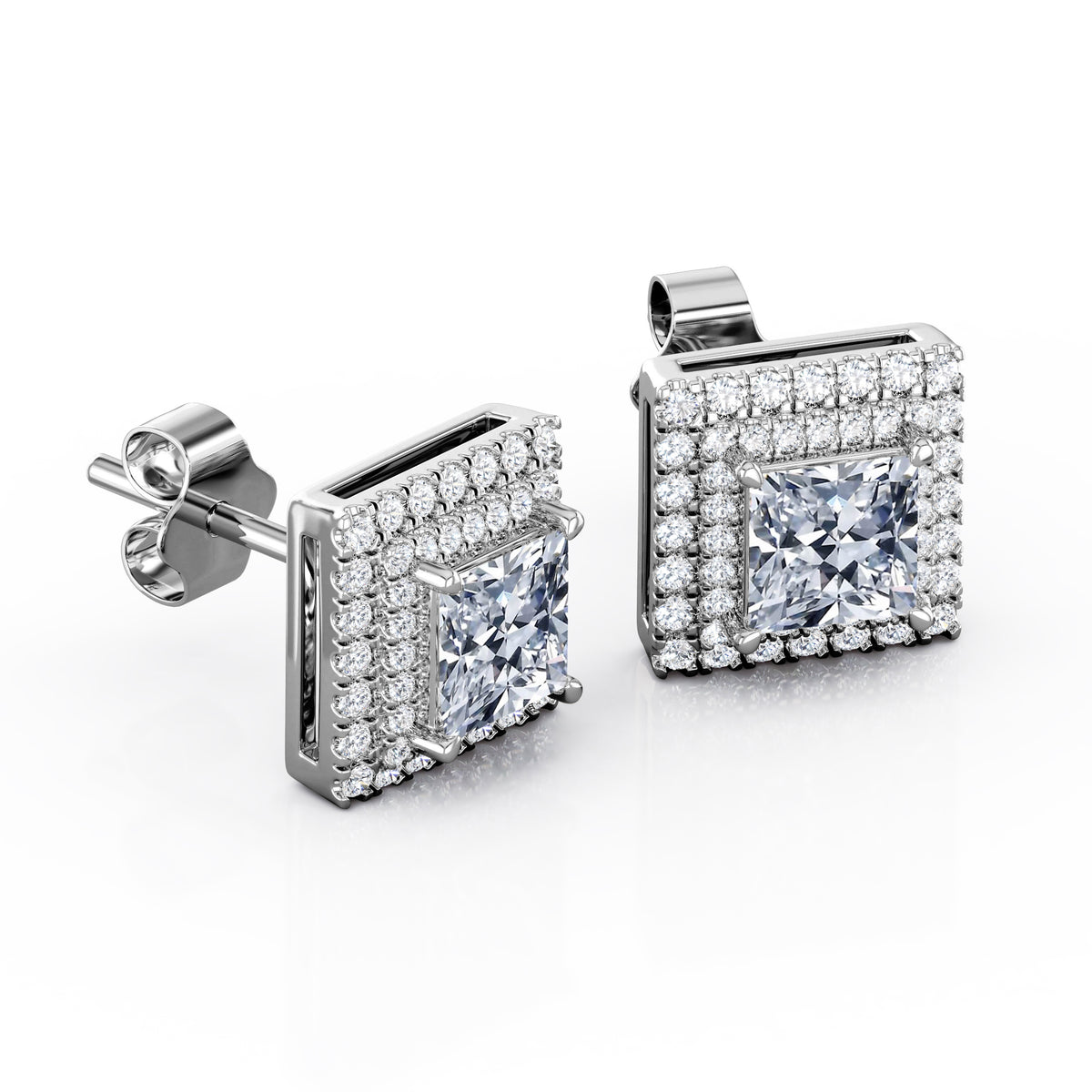 0.58 Carat Princess Diamond Stud Earrings in 18K White Gold Plating over Silver J221