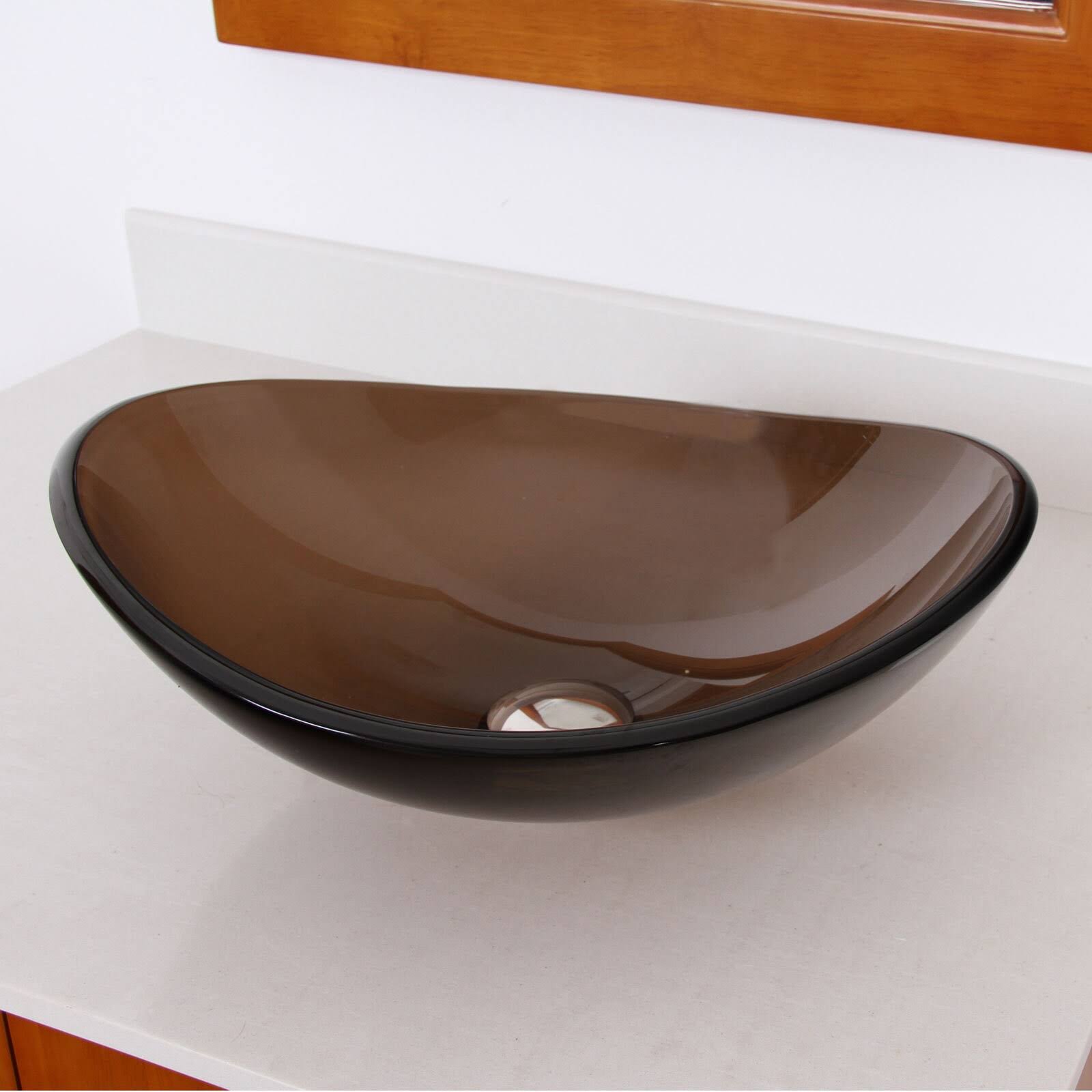 Oval Transparent Brown Tempered Glass Bathroom Vessel Sink with Chrome Finish Faucet T5895
