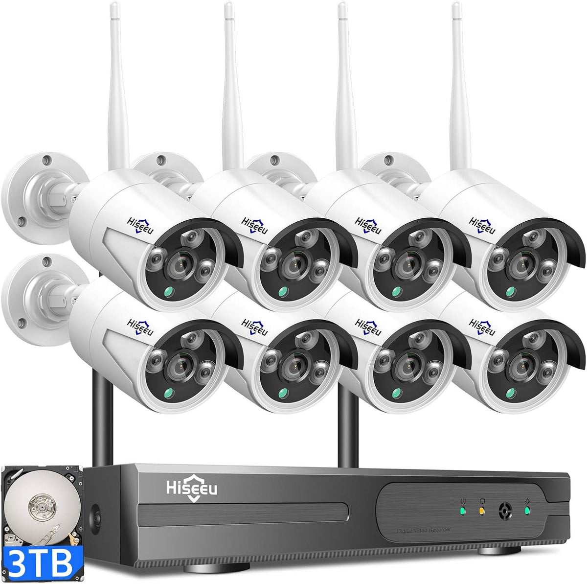 8CH 2K Wireless Security Camera System with 12 LCD Monitor 3TB Hard Drive 4pcs 3MP Outdoor Bullet IP Cameras O840425