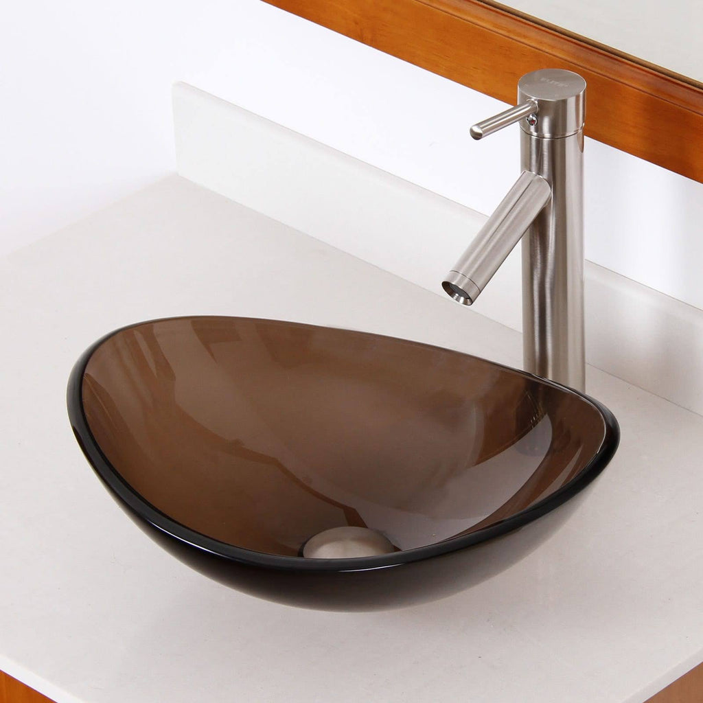 Oval Transparent Brown Tempered Glass Bathroom Vessel Sink with Chrome Finish Faucet T5895