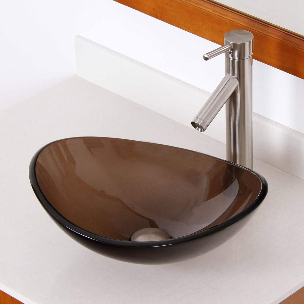 Oval Transparent Brown Tempered Glass Bathroom Vessel Sink with Chrome Finish Faucet T5895