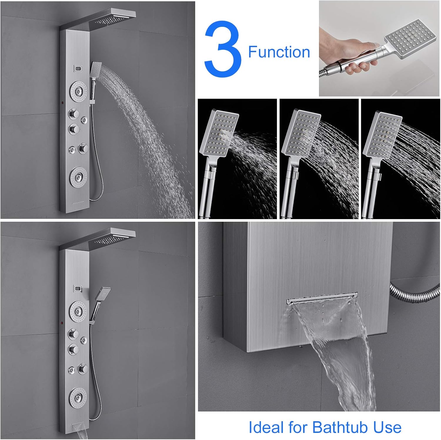 Shower Panel with LED Rainfall Waterfall Showerhead, 4 Mist Jets, 2 Body Sprays, Handheld and Waterfall Tub Spout, Stainless Steel Brushed B1236