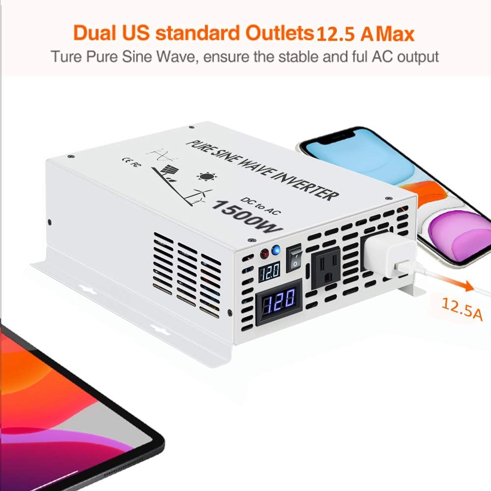 1500W Pure Sine Wave Power Inverter 12VDC to 120VAC I840402