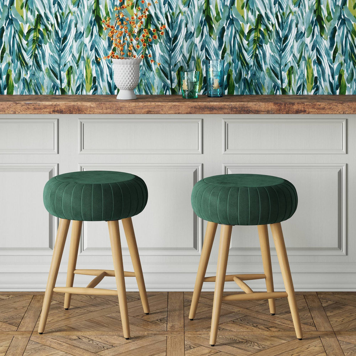 Pleated Velvet Counter Height Barstool Green T423