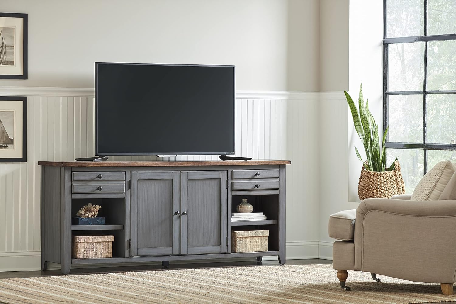 Smoky Blue 72 TV Console Entertainment Stand Wood Accent Cabinet Q883