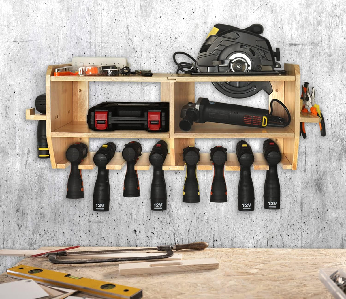 Large Power Tool Organizer with 6 Drill Slots, Wall Mount Garage Tool Organizer H379