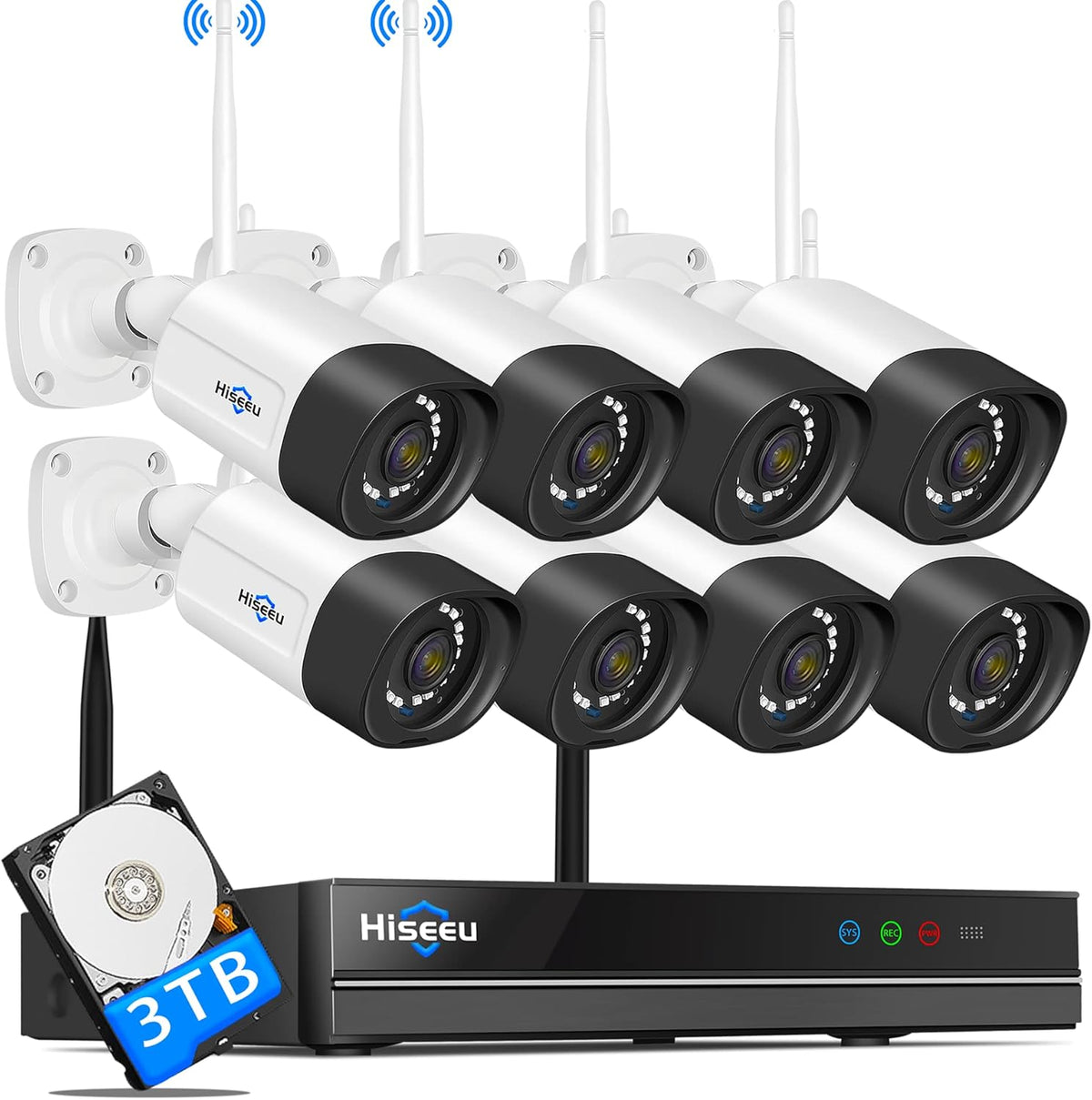 8CH 2K Wireless Security Camera System with 12 LCD Monitor 3TB Hard Drive 4pcs 3MP Outdoor Bullet IP Cameras O840425