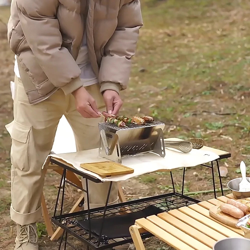 Wood Burning Stove with Grill Plate, Portable Folding Stainless Steel Backpacking Cooking Stove E3399