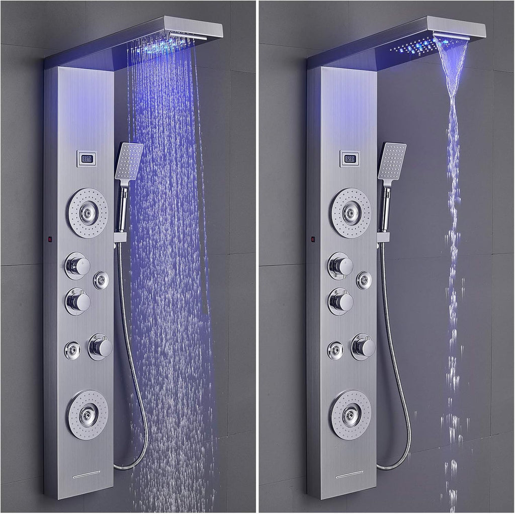 Shower Panel with LED Rainfall Waterfall Showerhead, 4 Mist Jets, 2 Body Sprays, Handheld and Waterfall Tub Spout, Stainless Steel Brushed B1236