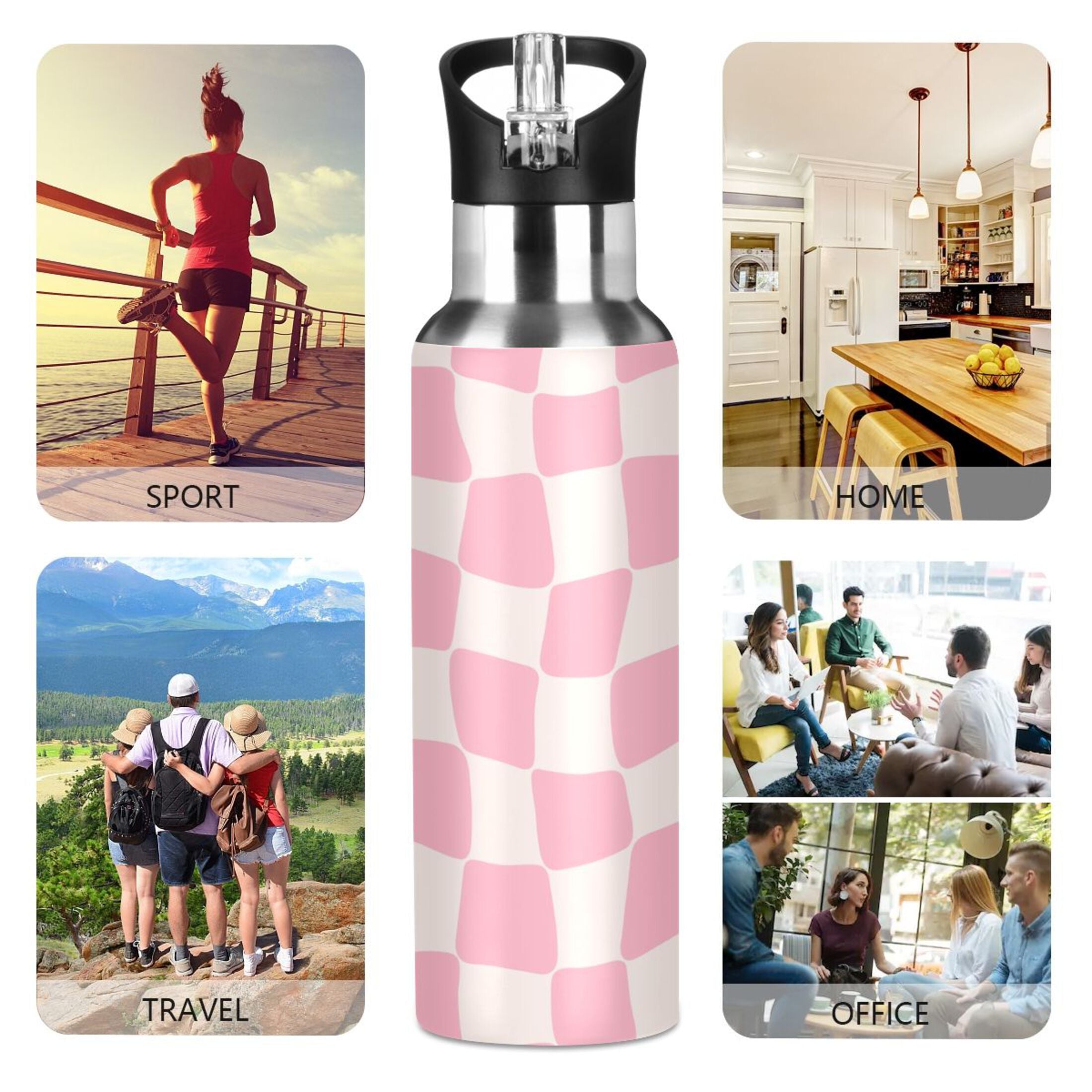 Pink Beige Lattice Stainless Steel Insulated Water Bottle W611574