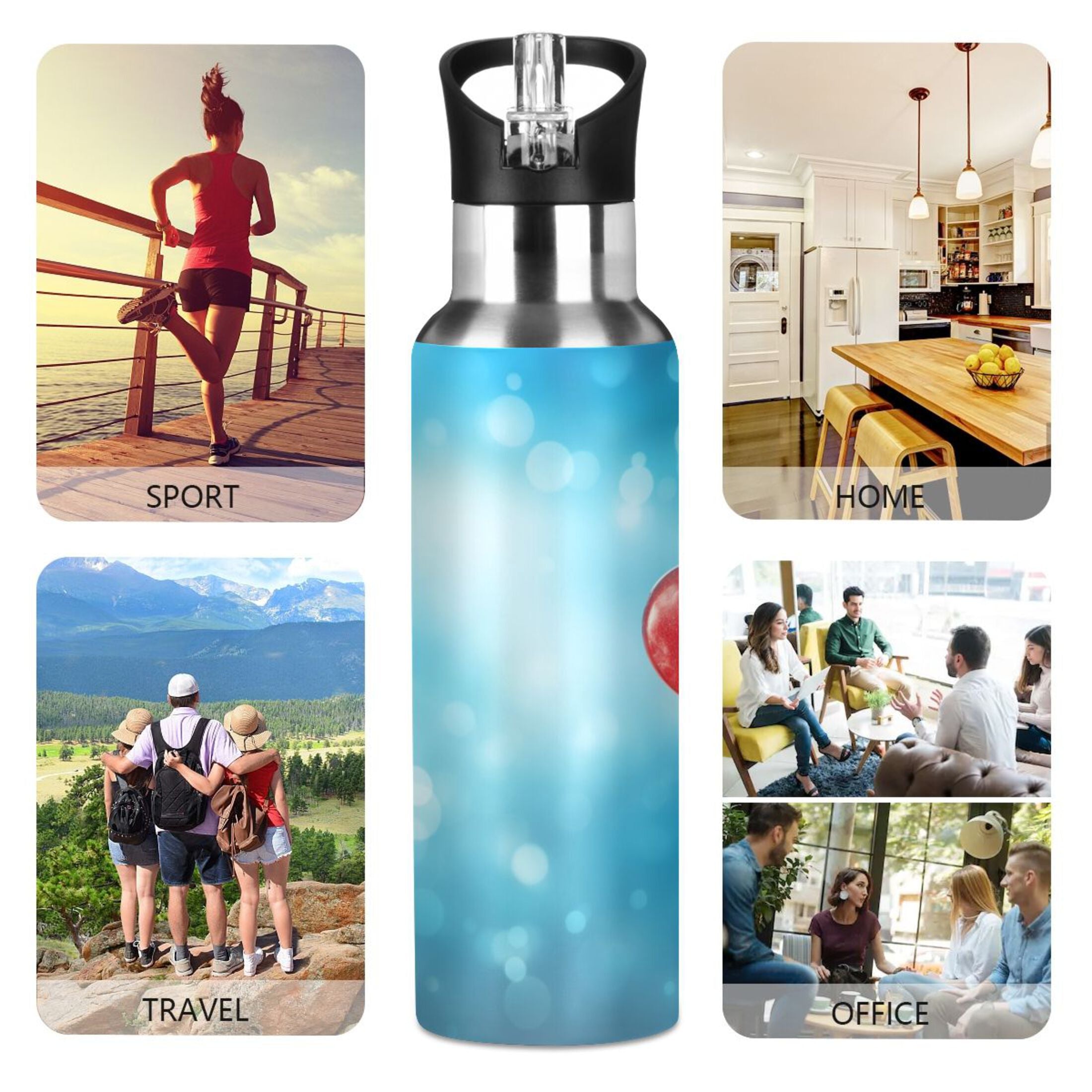 Blue Insulated Stainless Steel Water Bottle with Straw Lid 20 oz N644