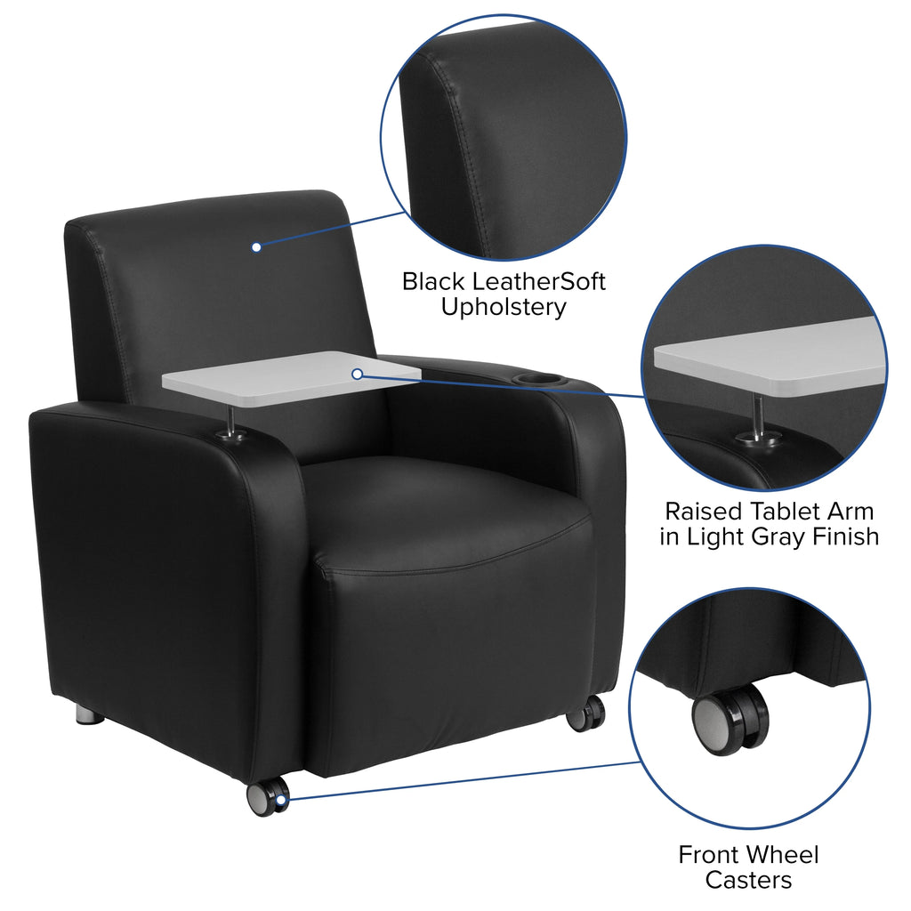 Black LeatherSoft Guest Chair with Tablet Arm and Cup Holder J376