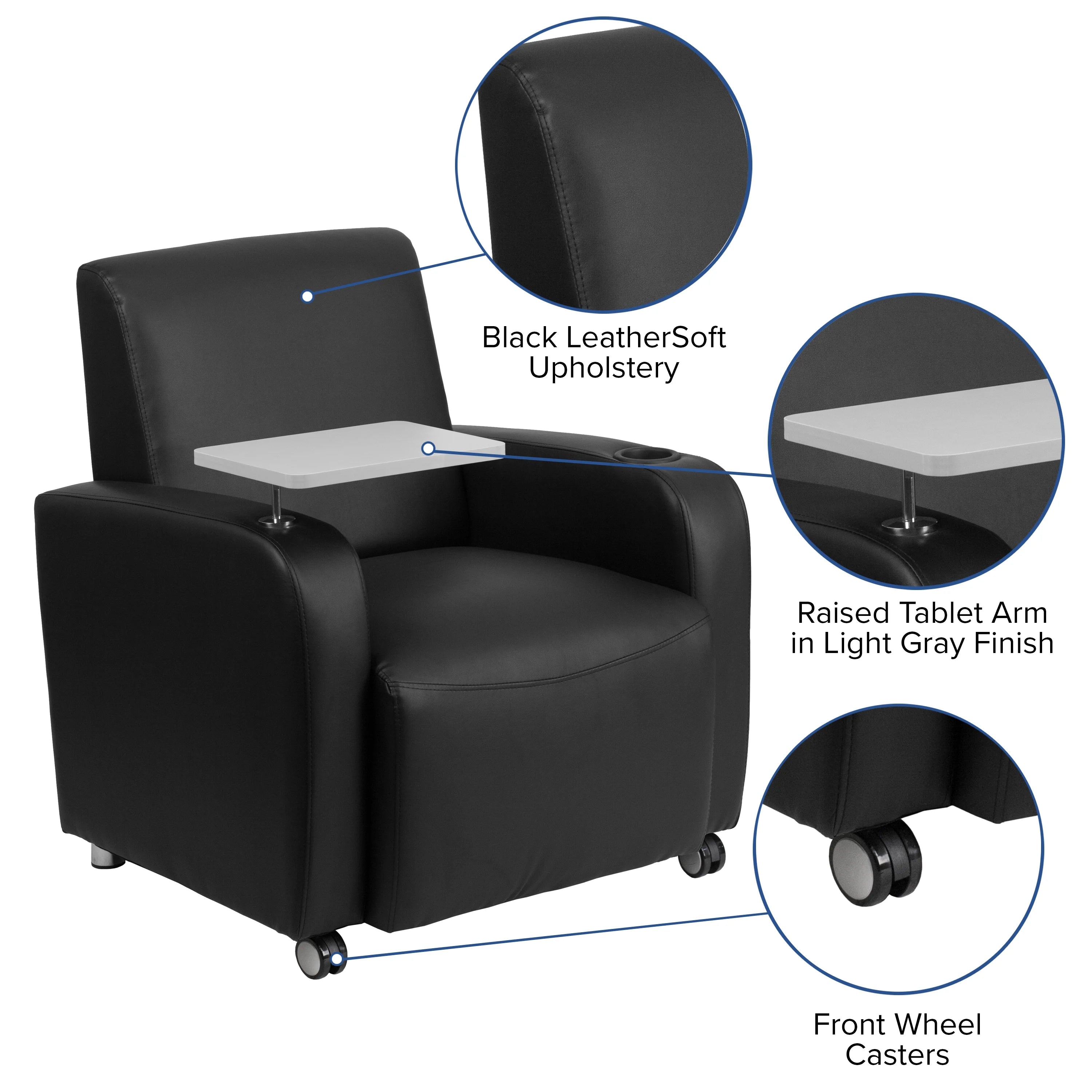 Black LeatherSoft Guest Chair with Tablet Arm and Cup Holder J376