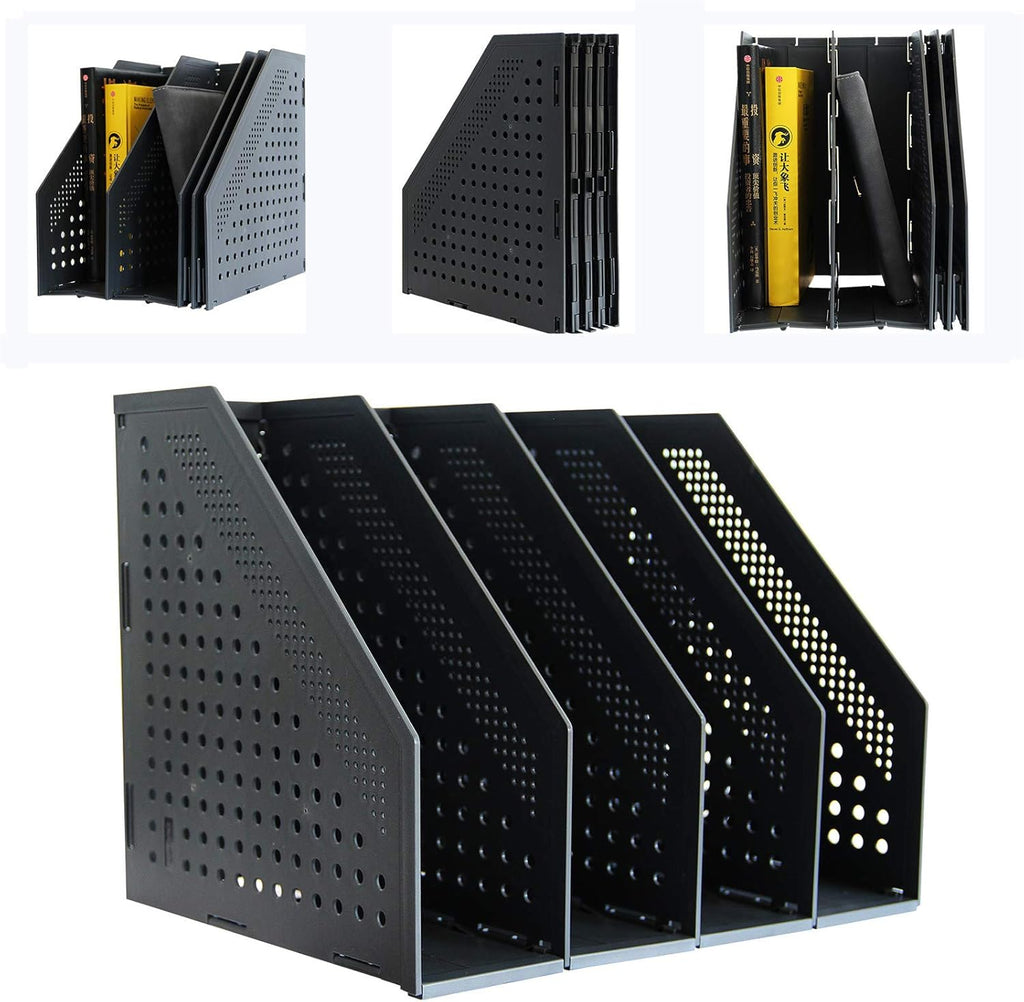 Gray 2Pcs Collapsible Magazine File Holder with 3 Vertical Compartments V606316