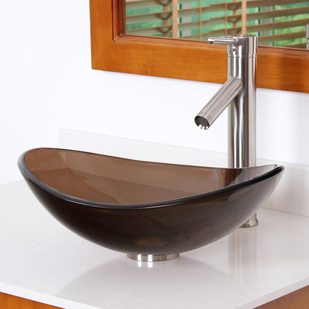 Oval Transparent Brown Tempered Glass Bathroom Vessel Sink with Chrome Finish Faucet T5895