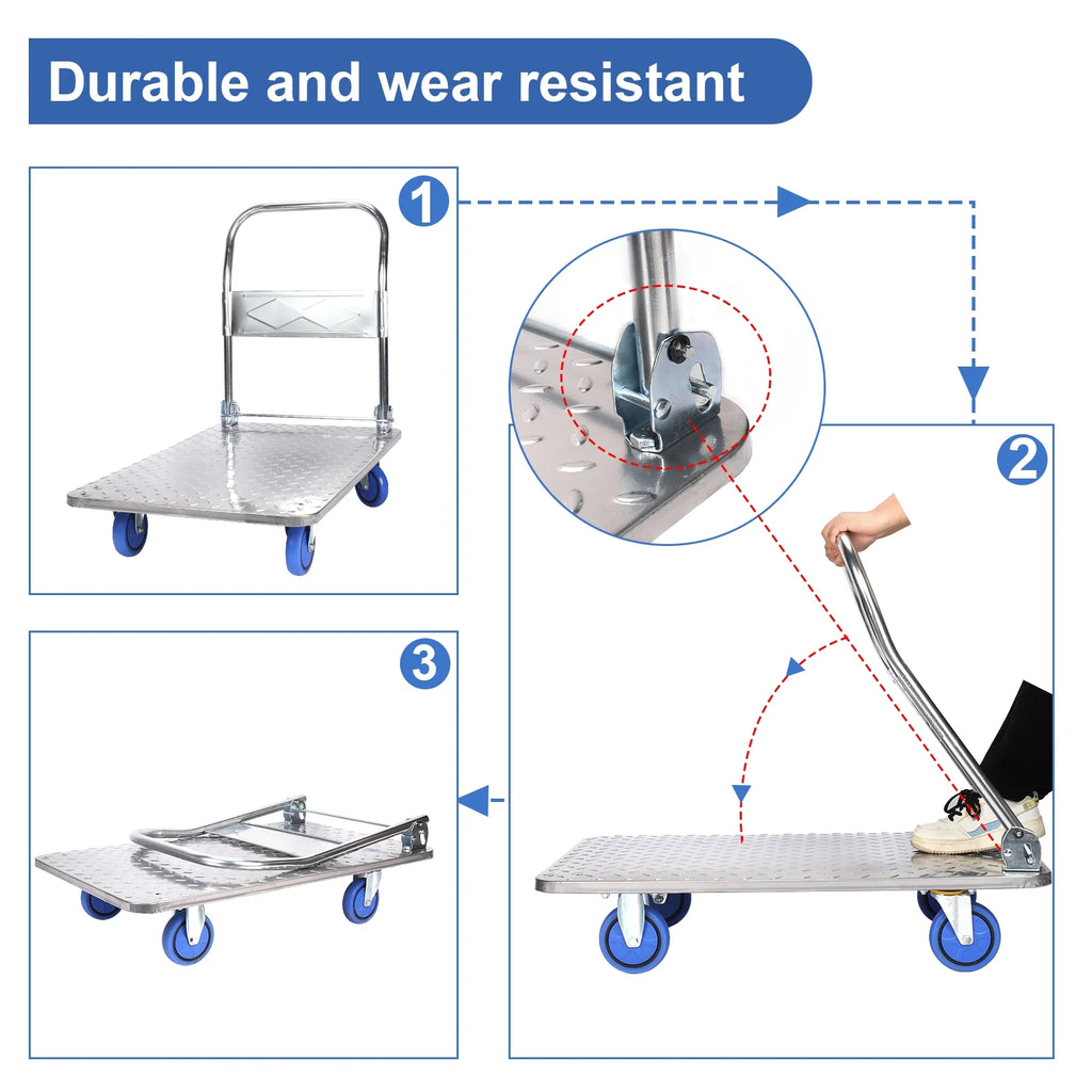Steel Plate Platform Cart, 2200 lb Capacity, 360 Degree Swivel Wheels, Foldable, 35x22.8x33 Inches F39429