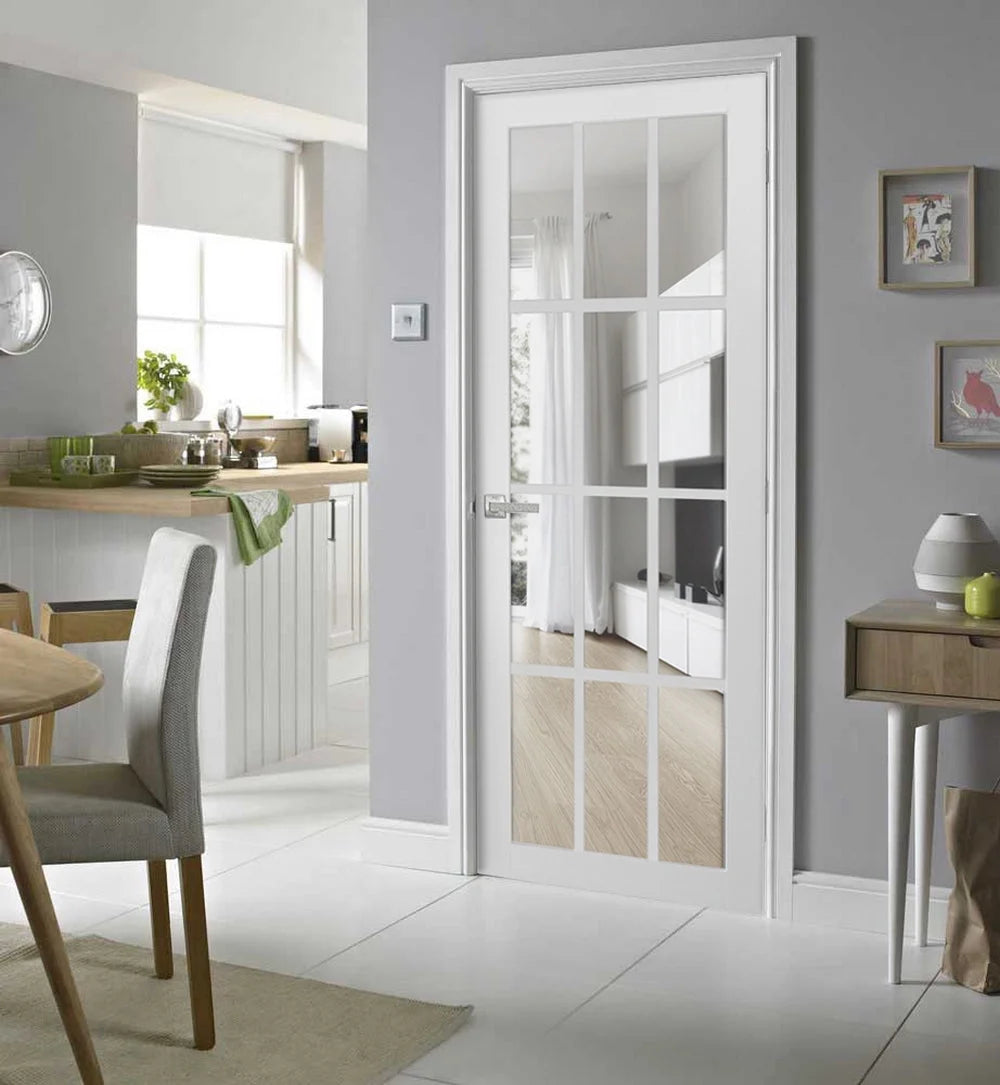 Solid French Door Clear Glass 12 lites White Silk Single Regular Panel Frame Trims Handle Z725646