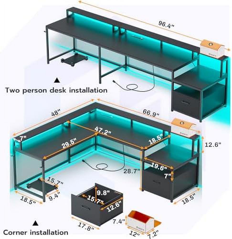 L Shaped Gaming Desk with File Drawer and Power Outlet R730