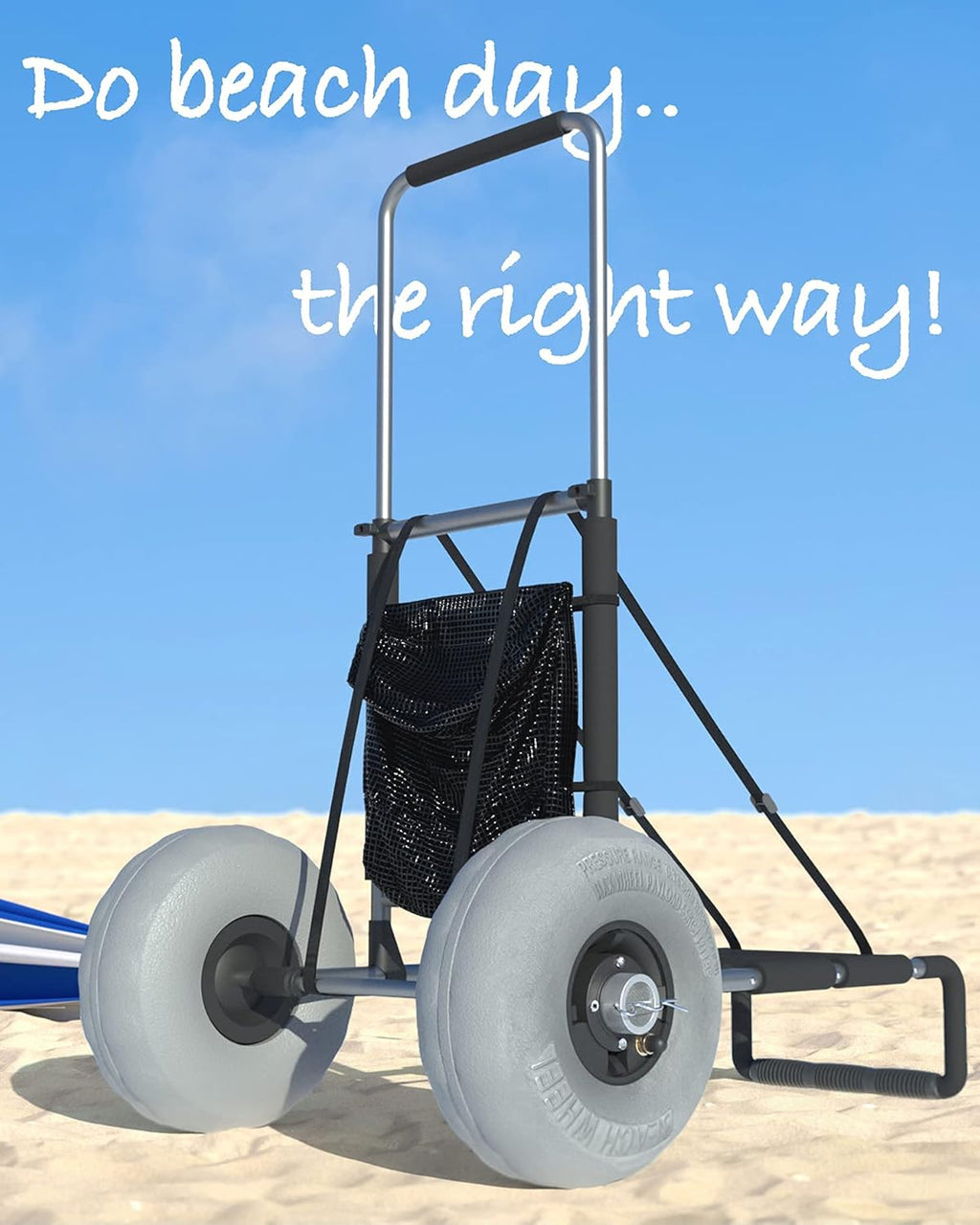 Collapsible Folding Beach Wagon with Mesh Storage Compartment and 9 Pneumatic Balloon Wheels Z90548