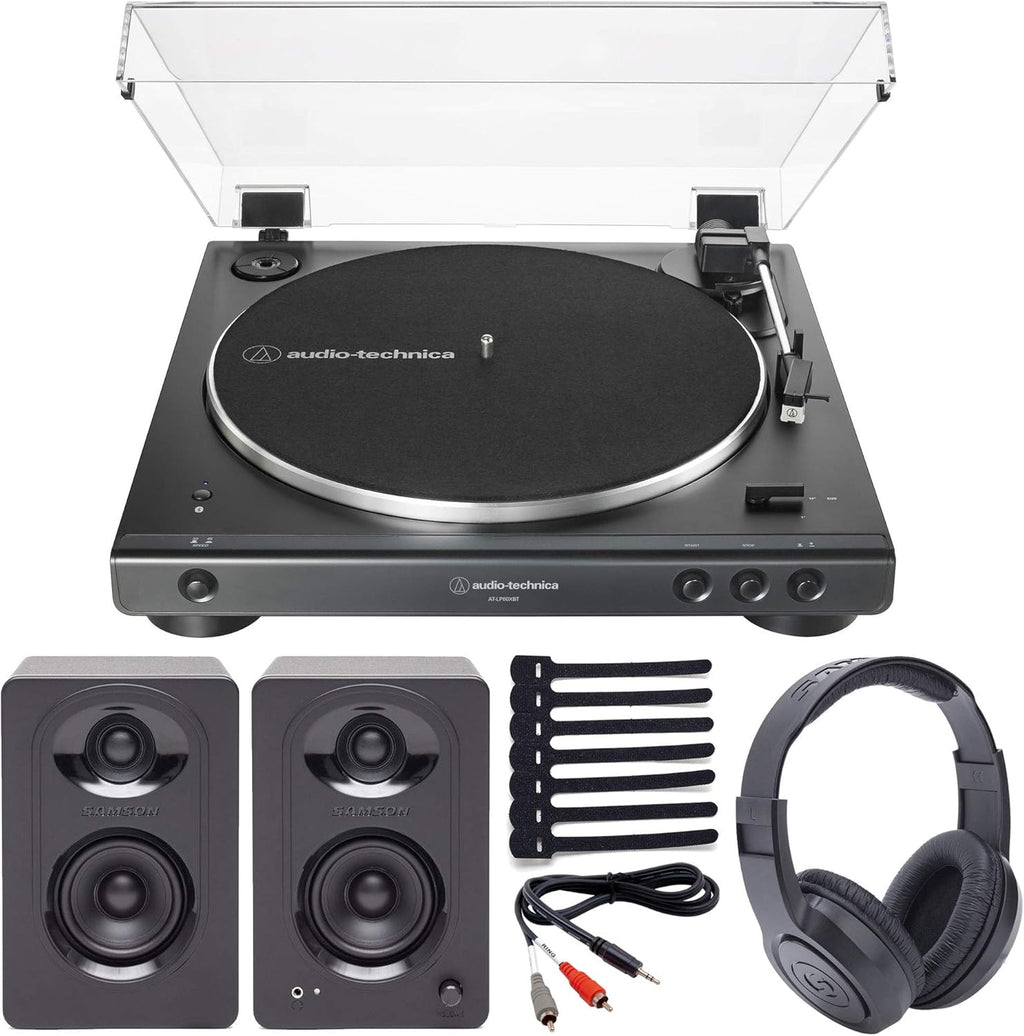 Stereo Turntable with Bluetooth (Black) + Powered Studio Monitors + Headphones + Dual Adapter Cable + Rip Ties V8308