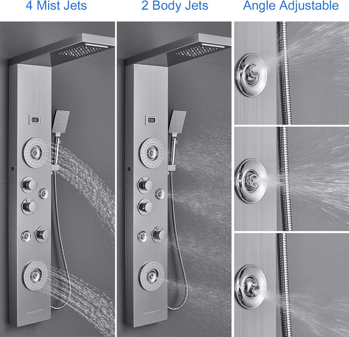 Shower Panel with LED Rainfall Waterfall Showerhead, 4 Mist Jets, 2 Body Sprays, Handheld and Waterfall Tub Spout, Stainless Steel Brushed B1236