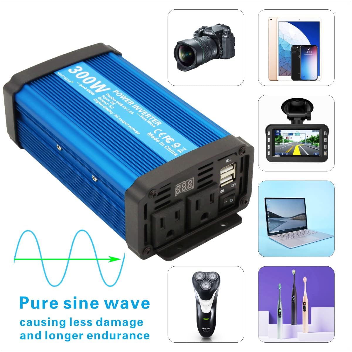 300W Pure Sine Wave Power Inverter DC 12V to 110V AC with 2.4A Dual USB, Pack of 2 K6966