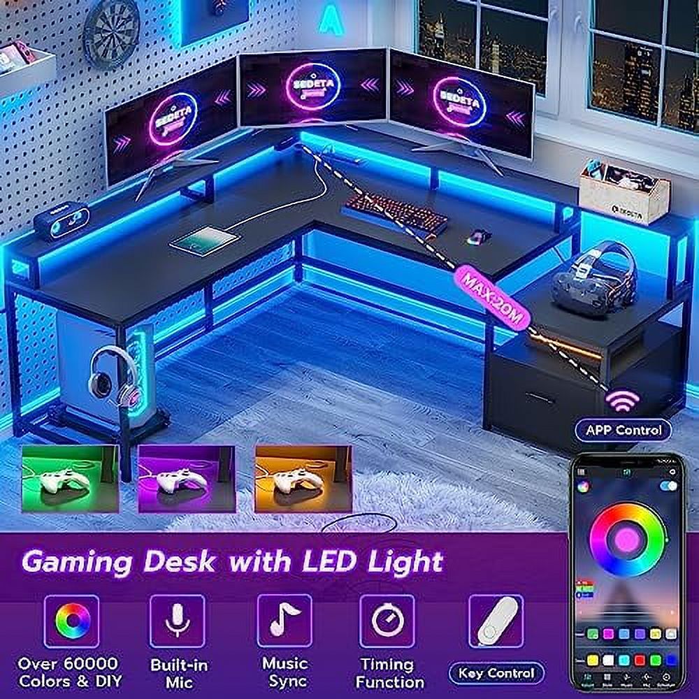 L Shaped Gaming Desk with File Drawer and Power Outlet R730