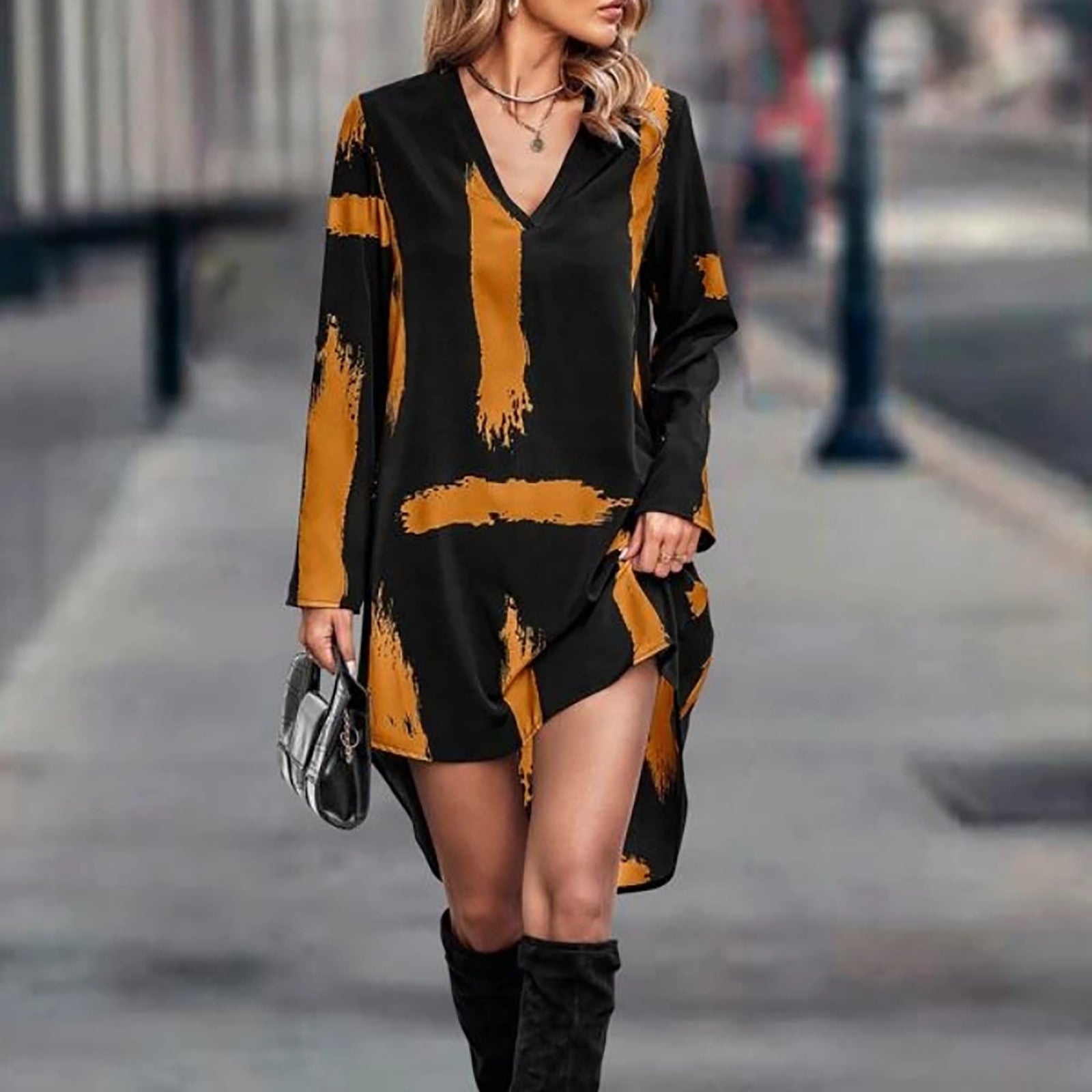Printed V Neck Casual Knee Length Dress D76870