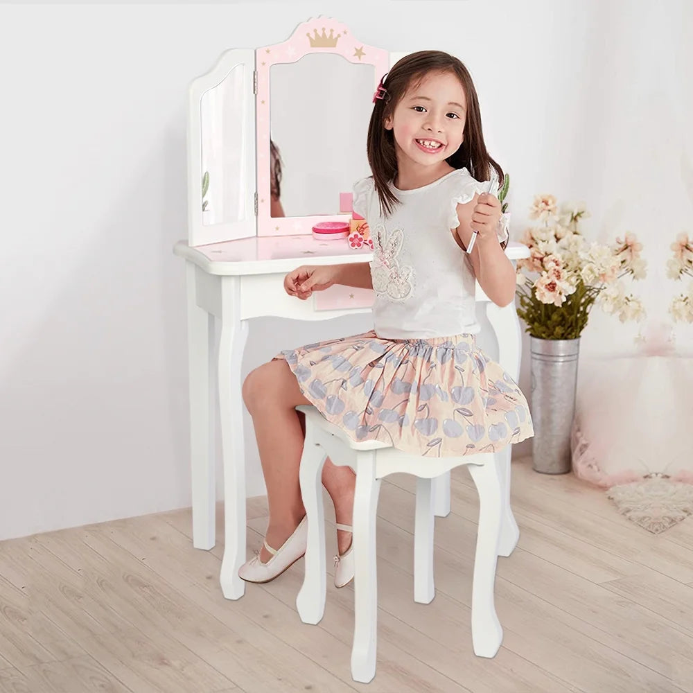 Wooden Toy Vanity Set with Wood Stool and Single Drawer B9590