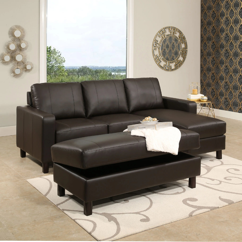 Brown Leather Reversible Sectional and Ottoman Y257