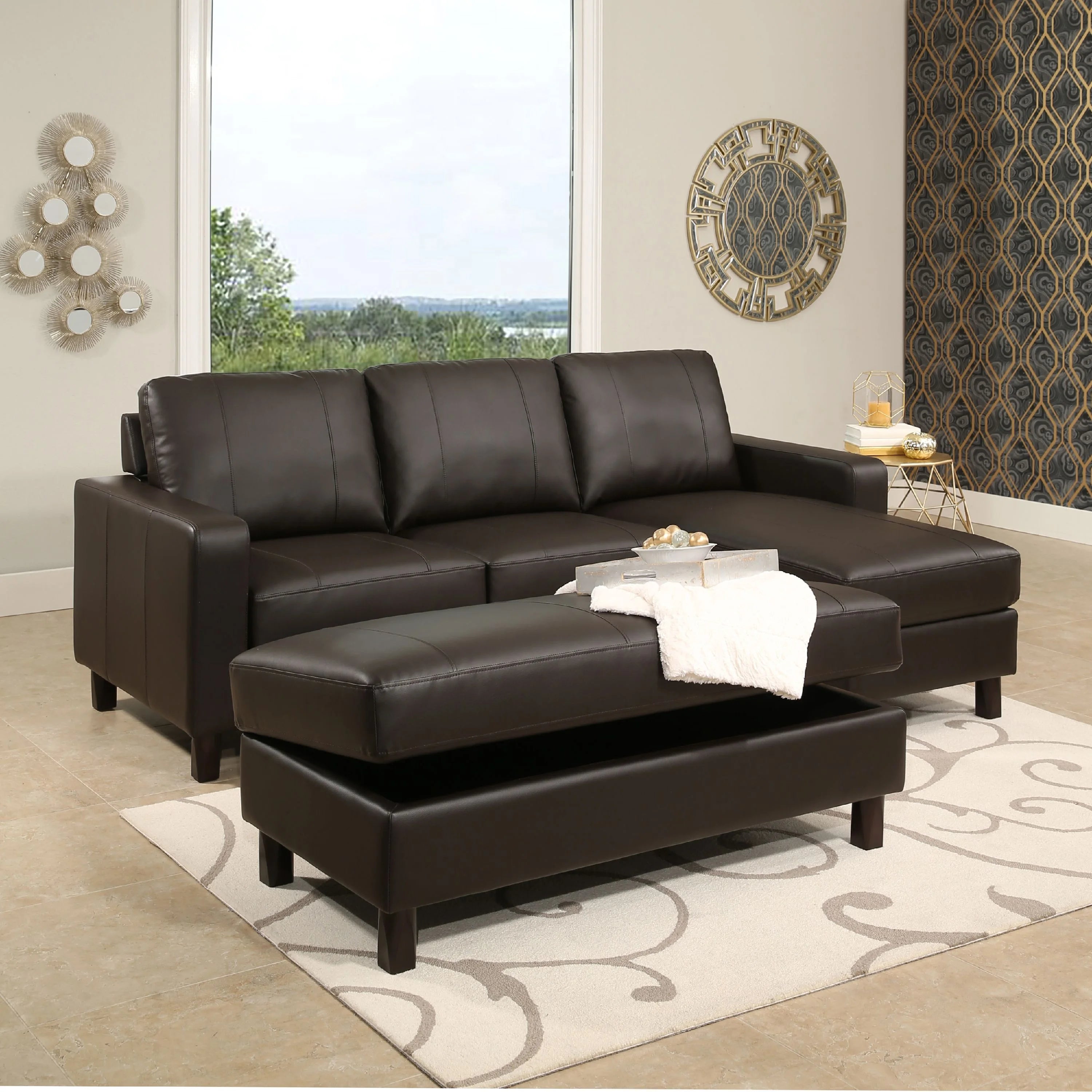 Brown Leather Reversible Sectional and Ottoman Y257