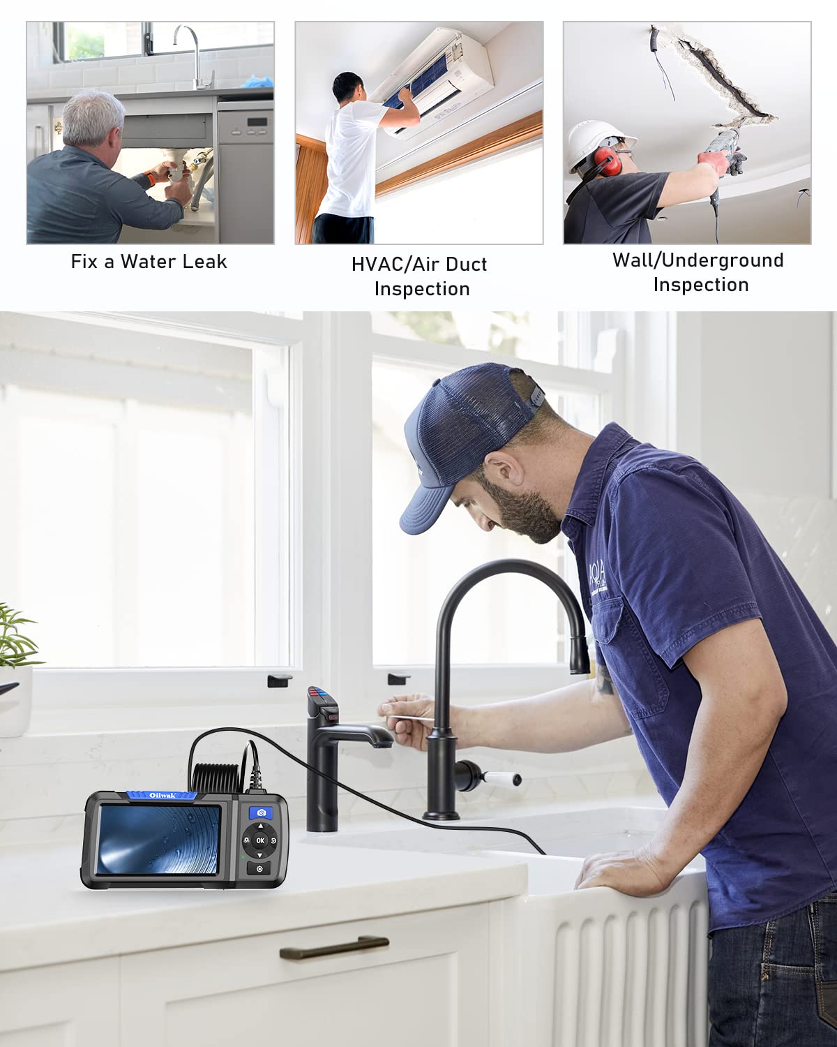 Dual Lens Industrial Endoscope 1080P Digital Borescope Inspection Camera with Light IP67 Waterproof 4.5 Screen 32GB Card 11.5FT Cable Y8979