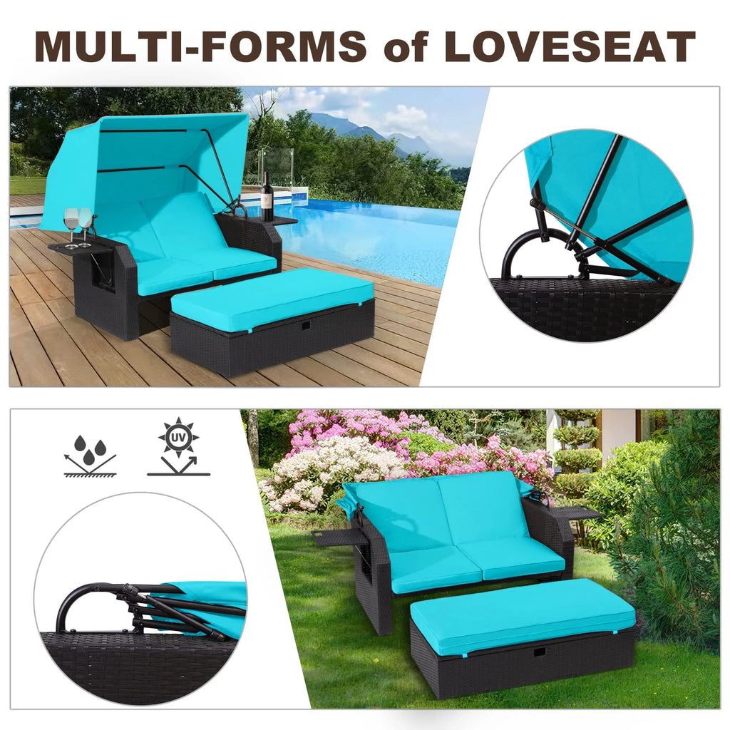 Outdoor Rattan Sofa Set with Retractable Canopy, Side Table, Ottoman, Cushion W65784