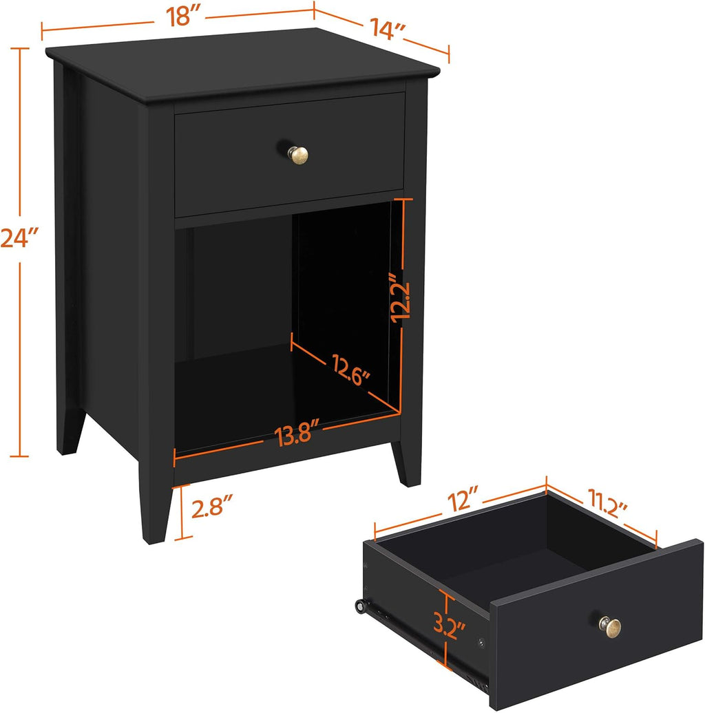 Black 2 Tier Wood Side Table with 1 Drawer and Bottom Shelf W20780